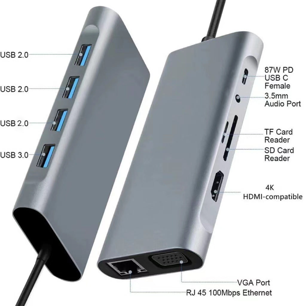 11-in-1 Type-C Docking Station USB-C Hub Adapter HD 100MB Gigabit VGA 4 USB TF/SD AUX PD Type-C Converter 11-in-1 Type-C Docking Station USB-C Hub Adapter HD 100MB Gigabit VGA 4 USB TF/SD AUX PD Type-C Converter